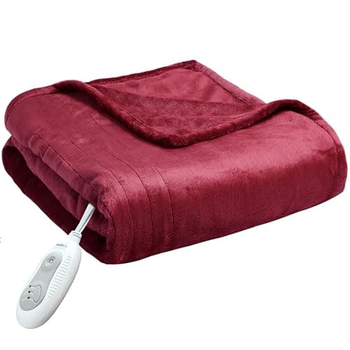 Degrees of Comfort Heated Blanket Electric Throw - Soft Flannel Sherpa Heating Small Blanket for Home and Office with 6 Heat Settings, 4 Hours Timer Auto Shut, Over-Heat Protect,50"x60", Wine