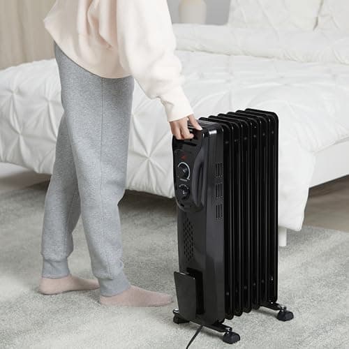 Amazon Basics Portable Oil Radiator Heater, Indoor Use, 3 Heat Settings, Over-Heat Protection, ETL-certified Safety, 7 Oil-Filled Steel Fins, 1500W, Tip-Over Protection, 11"D x 14.8"W x 25.2"H, Black 5