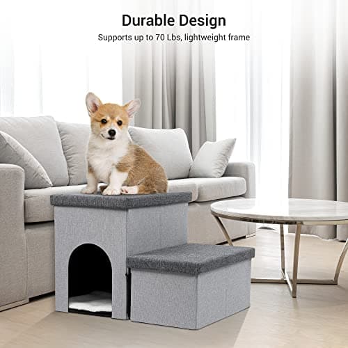 Heeyoo Dog Stairs for Small Dogs, Foldable Dog Steps for Couch and High Bed, 2-Step Pet Stairs with Storage and Pet House, Non-Slip Pet Ramp for Small to Large Dogs and Cats，Up to 150 Lbs 5
