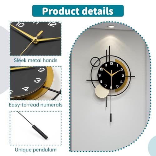 YIJIDECOR Wall Clock for Living Room Decor Decorative Wall Clock with Pendulum Silent Quartz Battery Operated Black Metal Large Clock for Dining Room,Kitchen,Home,Bathroom,Bedroom,13.8x21.3 in 5