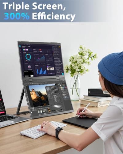 HGFRTEE Laptop Screen Extender 15.6" - Dual Portable Monitors 1080P IPS FHD Stacked Folding Triple Display HDMI USB-C Travel Extended Extra Screen for Laptop Windows Mac w/Stand & VESA - LCD Panels 5