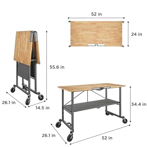 COSCO SmartFold Butcher Block Portable Workbench / Folding Utility Table (Hardwood Top, 700LB Total Weight Capacity, Locking Casters, Gray Steel Frame, 1 Pack) 10