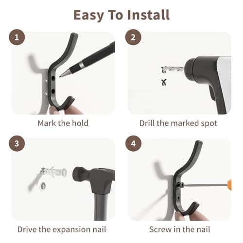 GWAAZXGZ Wall Hooks for Hanging Coat - 5 Pack Black Arc Double Hooks, Sturdy Metal Matte Finish, Organize Coats, Hats, Bags in Entryway, Closet, Bedroom 6