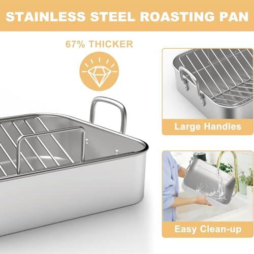 Stainless Steel Roasting Pan, 17*13 Inch Turkey Roaster with Rack - Deep Broiling Pan & V-shaped Rack & Flat Rack, Non-toxic & Heavy Duty, Great for Thanksgiving Christmas Roast Chicken Meat Lasagna 5