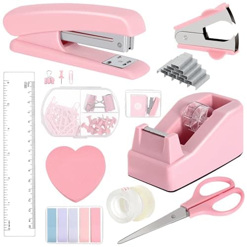 Office Desk Accessories, Pink Office Supplies Set Desk Accessories for Women, Cute Office Supplies with Stapler, Mini Stapler, Staple Remover, Tape, Clips, Scissor and Tabs, Stationary Set for Student
