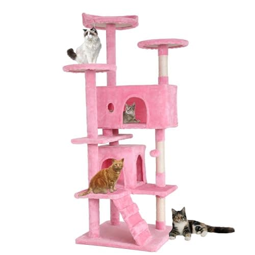 BestPet | 54" Cat Tree Tower | Pink | Sturdy, Easy to Assemble, Multi-Level Activity Center with Sisal Scratching Posts, Condos, Perches, Hanging Cat Toys, Observation Decks & Ladder