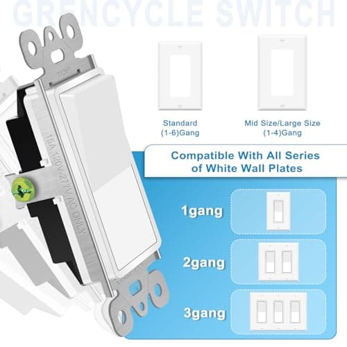 Greencycle Single Pole Rocker Light Switch,Paddle Light Switch 15 Amp,Sp Switches White,120V-277V AC,On/Off Wall Switches, Residential/Commercial Grade,Home & Office,UL/CUL,2PK 9