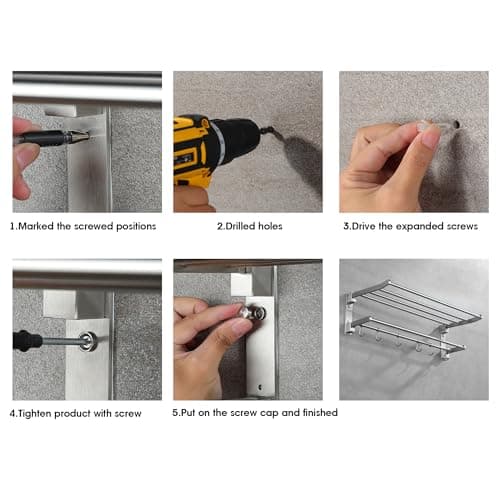 Taozun 24-Inch Towel Rack for Bathroom, Stainless Steel Bathroom Towel Shelf with Towel Bar, Hotel Towel Rack Wall Mounted with Hooks, Foldable Brushed Towel Holder 6