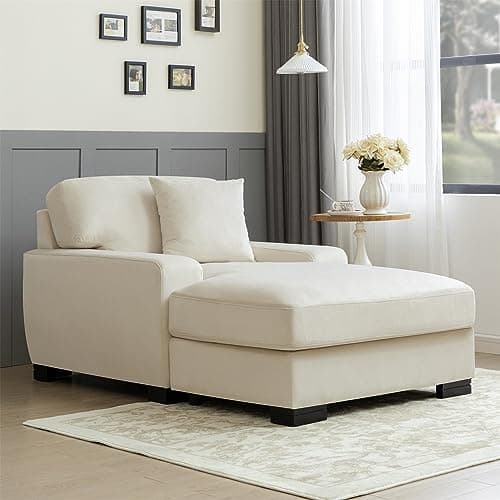 Linique Velvet Upholstered Lounge Sofa with Pillow, Chaise Lounger Comfort Sleeper Sofa for Living Room, Bedroom, Office, Cream