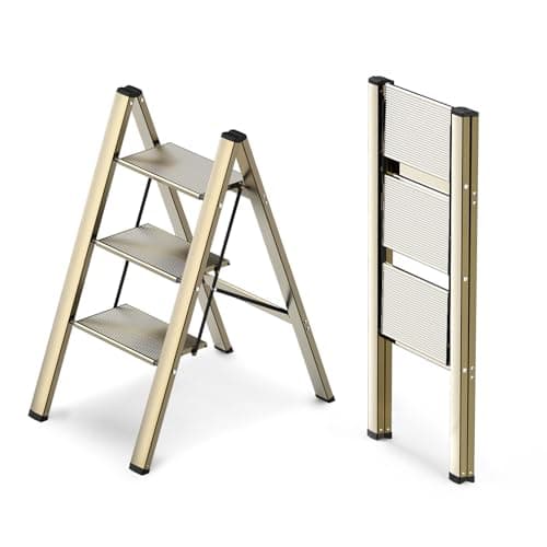 WOA WOA 3 Step Ladder, Foldable Step Stool, Aluminum Lightweight Ladder for Home Kitchen Closet, Anti-Slip Pedals, Ease of Folding, Portable, 300lbs Capacity - Gold