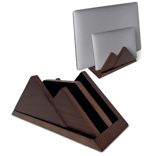 Dual Laptop Holder Vertical Stand 2 Slots Wooden - Dark Brown (Walnut Color) - Vertical Holder for Desk, MacBook Pro & Air, Desktop Organizer Made of Natural Wood, Adjustable Stand for Notebooks