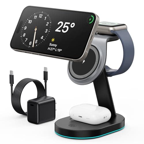 3 in 1 Wireless Charger Charging Station for iPhone,Qi2 Certified 15W Magnetic Charging Stand for Mag-Safe with 30W USB C Adapter&Friendly Night Light for iPhone 17/16/15/14/13/12,Apple Watch,AirPods