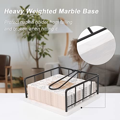 Livabber Flat Napkin Holder, Metal Kitchen Napkin Storage with Weighted Tension Arm Rustic Tissue Paper Dispenser for Countertop, Table Kitchen, Dining Room (With Marble Base, Black) 6