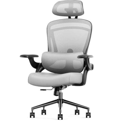Sweetcrispy Ergonomic High Back Office Chair with 2D Headrest, Up&Down Lumbar Support, Swivel Computer Task Mesh Desk Chairs with Adjustable Flip-up Armrests,Grey