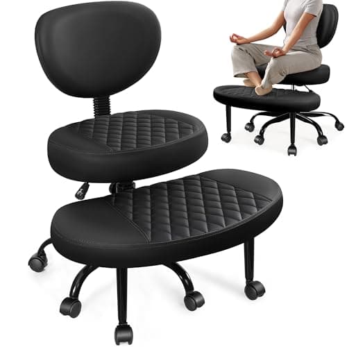 AtHope Ergonomic Cross Legged Office Chair with Wheels - Adjustable Height for Meditation, ADHD Desk & Yoga - Wide Criss Cross Design with Lumbar Support, Kneeling Chair - Inky Black