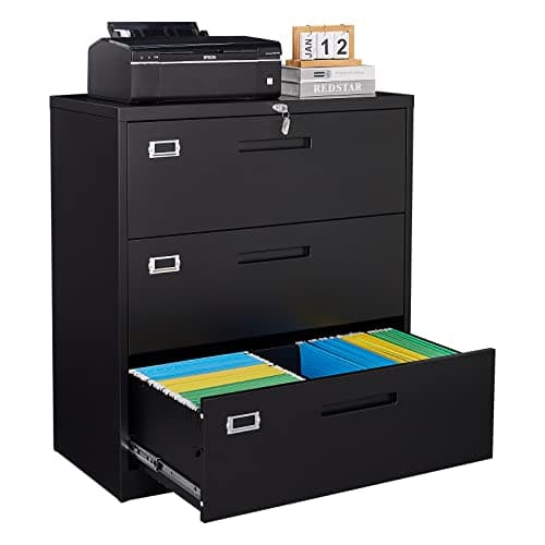 SISESOL 3 Drawer Lateral File Cabinet with Lock,Black Lateral Filing Cabinet,Horizontal Metal Filing Cabinet,Locked Wide Three Drawer File Cabinet for Office Home,Fit A4/F4/Letter/Legal File