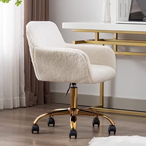KCC Faux Fur Office Desk Chair, Comfy Swivel Armchair with Wheels, Upholstered Fuzzy Vanity Chair, Adjustable Height, White 9
