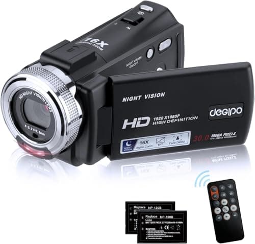 Video Camera Camcorder, Full HD 1080P 30FPS IR Night Vision Vlogging Camera for YouTube Kids, 3.0 Inch LCD Screen 16X Zoom Digital Camera with 2 Batteries 5