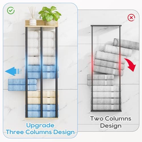 WeGXY Towel Racks for Bathroom Wall Mounted, 3 Bar Wall Towel Rack for Rolled Towels, Metal Towel Holder with Wooden Shelf, Sturdy and Large Capacity, Towel Storage Organizer 5