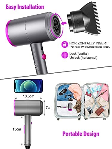 Ionic Hair Dryer, Professional Hair Blow Dryer Hot/Cold Air, 1800W Powerful AC Motor, Negative Ion Hairdryer Fast Drying, 2 Speed/3 Heating with 2 Nozzles&1 Diffuser, for Women Men Kids Salon Travel 7