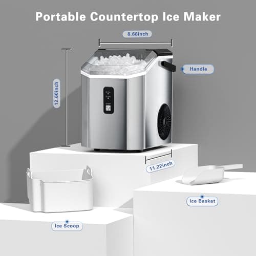 ZAFRO Nugget Ice Maker Countertop with Handle, Stainless Steel Ice Maker Portable with Slef-Cleaning, 35Lbs/24H, 7Mins Fast Ice Making, with Ice Basket/Ice Scoop for Home/Office/Bar, Silver 7