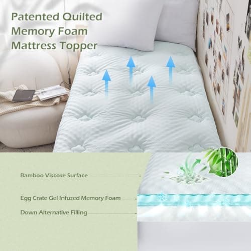 Hansleep Twin Mattress Pad Topper Memory Foam, Twin Foam Mattress Topper Viscose Derived from Bamboo, Twin Size Bed Mattress Pad Cover for Back Pain Relief, 39" x 75", White 2