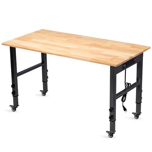 GVGBUK 48" Height Adjustable Workbench, 2000 LBS Load Capacity Rubber Wood Top Workstation, Heavy-Duty Hardwood Worktable for Garage Workshop (with Wheels and Socket,48'')