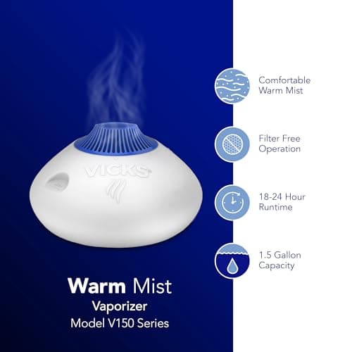 Vicks Warm Steam Vaporizer & Humidifier 1.5 Gallon Tank for Small and Medium Rooms, Night Light, Works with VapoPads and VapoSteam 7