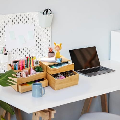 Yopay 2 Pack Bamboo Desk Organizer, Stackable Desktop Organizers with 3 Drawers, Bamboo Office Tabletop, Countertop Organization for Stationery, Makeup Vanity, Fully Assembled 5