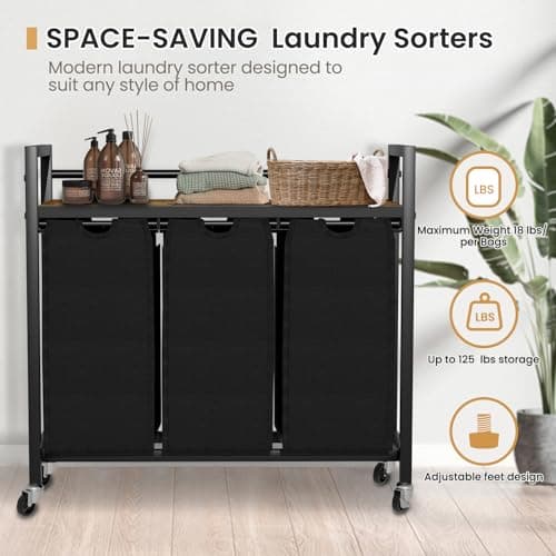 SwaaVee Laundry Hamper, Laundry Basket, Laundry Sorter with 3 Removable Bags, Clothes Basket with 3 Compartments, Wheels, Shelf for Laundry Room Bathroom Bedroom (3 Bags-Black) 7