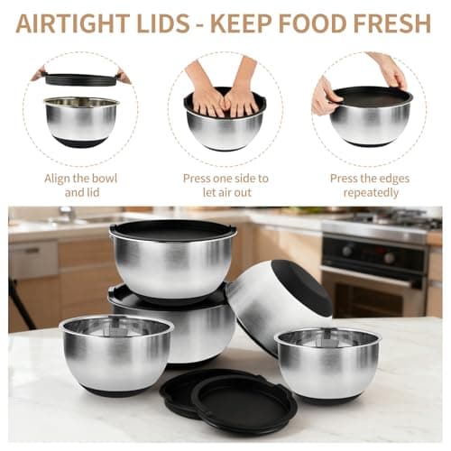 Deedro Premium Mixing Bowls with Airtight Lids Set, 22Pcs Thicker Stainless Steel Mixing Bowl Set, Large Prep Metal Bowls, Non-Slip Silicone Base Nesting Bowls for Kitchen, 1.5/2/3/4/5 QT, Black 7