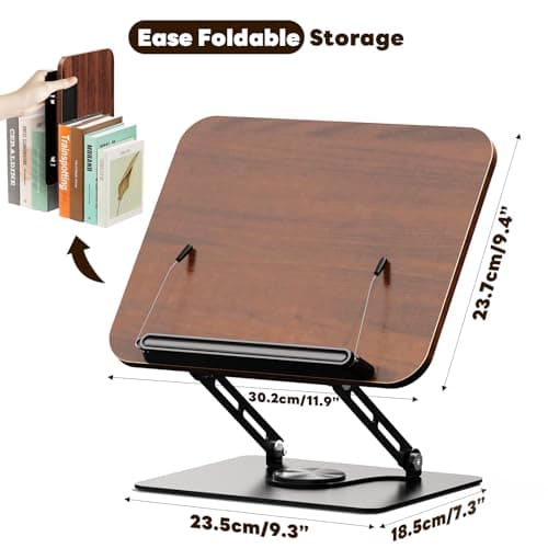 Abiglifty Book Stand for Reading,Adjustable Book Holder with 360° Rotating Base,Foldable Book Holder Stand for Cookbook,Textbook,Tablets, Laptops (Dark Wood) 5