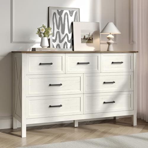 BAZELOR Farmhouse 7 Drawers Dresser for Bedroom, Modern Dresser with Metal Handle, Natural Texture, Wood Rustic Chest of Drawers for Bedroom,Living Room,Hallway and Entryway, Antique White