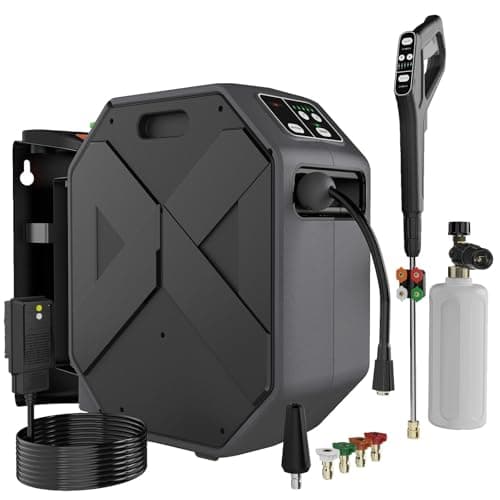 Wall Mounted Pressure Washer with 100FT Retractable Hose, 5-Stage Adjustable Pressure, Foam Cannon & 5 Nozzles for Car, Lane, Patio Cleaning, Black