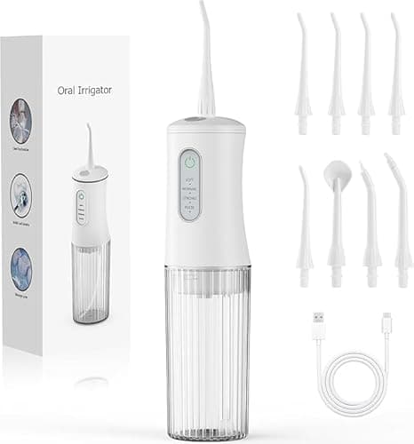 Cordless Water Flosser for Teeth Cleaning Pick - Electric Dental Irrigator with 4 Cleaning Modes & 8 Jet Tips, IPX7 Waterproof, Portable Rechargeable Design for Home & Travel Use,White