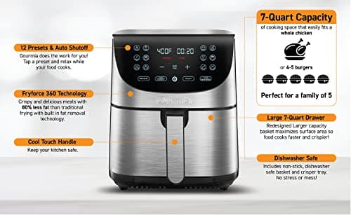 Gourmia Air Fryer Oven Digital Display 7 Quart Large AirFryer Cooker 12 Touch Cooking Presets, XL Air Fryer Basket 1700w Power Multifunction GAF778 Black and stainless steel air fryer FryForce 360° 8