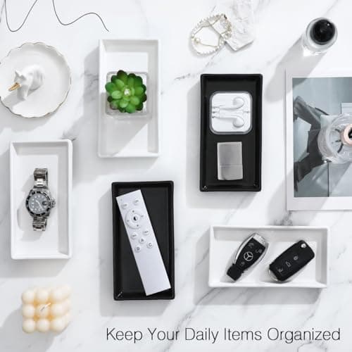 Luxspire Bathroom Vanity Tray, Mini Soap Dispenser, Small Ceramic Perfume and Jewelry Dish, Trinket Holder, Rectangle Candle Tray, Bath Organizer Kitchen Sink Narrow Dish, White 5