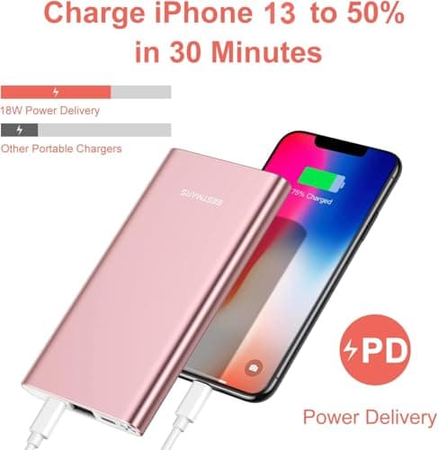 BESTMARS Pink Power Bank Fast Charging 20W High-Speed Portable Charger 10000mAh USB-C Back Up Battery Pack Powerbank for iPhone 16 15 14 13 12 11 X XS XR Pro Max Samsung Cell Phone etc Pink Rose Gold 2