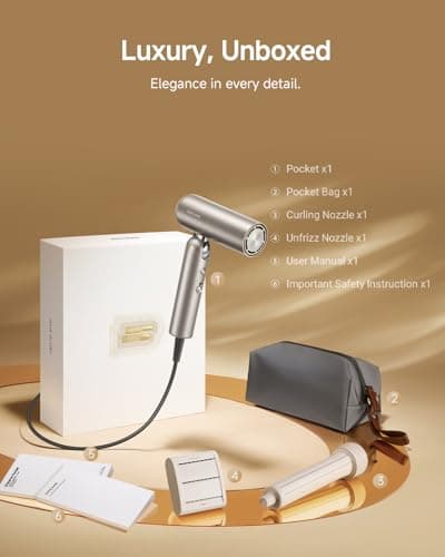 Dreame Pocket Hair Dryer - Ultra Lightweight Blow Dryer with 2 Styling Attachments, Fast Drying, High-Speed Brushless Motor, 300M Negative Ions, Low Noise, Portable for Home & Domestic Travel & Gym 9