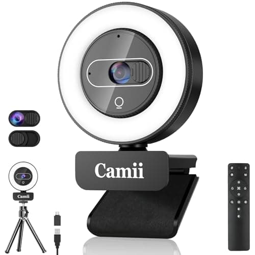 Camii 4K Webcam with Light, HD Webcam for PC with Remote Control, Built-in Privacy Cover, Adjustable Brightness, Noise Reduction Mics, for Zoom Skype Teams Laptop and Google Meet