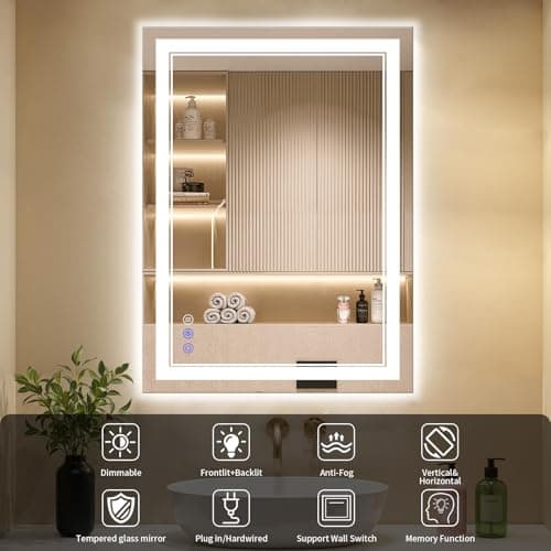 WISSMIELS 24X36 LED Bathroom Mirror with Lights, Anti-Fog, Backlit + Front Lit, Dimmable, Led Vanity Mirror for Wall, Lighted Bathroom Mirror, 3 Colors, Shatter-Proof Tempered Glass 8
