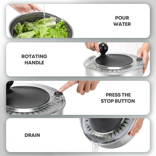 SveBake 5.3Qt Stainless Steel Salad Spinner with Stop Button, BPA-Free Vegetable Lettuce Spinner, Transparent Lid & Drainage Hole, Non-Slip Base, Dishwasher Safe Fruit Washer 5