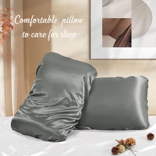 Manyshofu Satin Pillowcases for Hair Protection - 2Pcs Grey Pillow Cases, Elastic Band Standard & Queen Satin Pillowcases Luxury Silky Pillow Cases Travel Pillow Covers 5