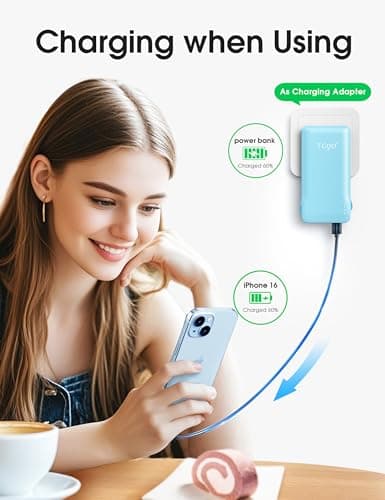 TG90° 10000mAh Power Bank with Built-in AC Wall Plug and Cables, Ultra Slim Phone External Battery Pack Portable Charger Compatible with iPhone and Android Devices 7