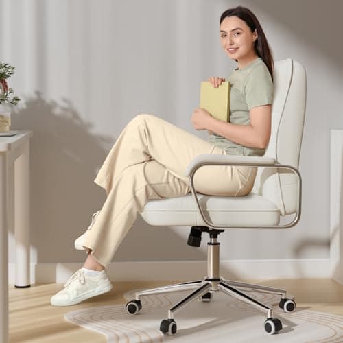 HomeZeer White Office Chair with Soft Leather, Swivel Computer Home Office Desk Chair with Wheels and Padded Arms, Adjustable Height and Tilt 5