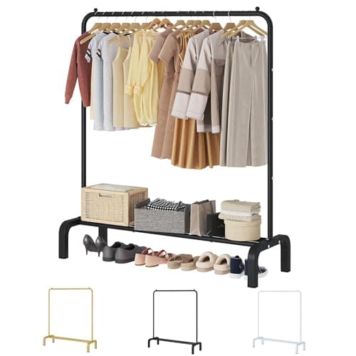 JIUYOTREE Metal Clothing Rack, 43.3 Inches Garment Rack with Bottom Shelf for Hanging Clothes, Coats, Skirts, Shirts, Sweaters, Black