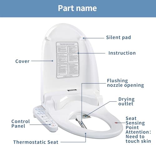KERDE 08 Smart Electric Bidet Toilet Seat with Warm Air Dryer​ Heated Adjustable Warm Water Seat Temperature Self-Cleaning Nozzle Easy Installation for Most Toilets Elongated (Armrest-Control Model) 6