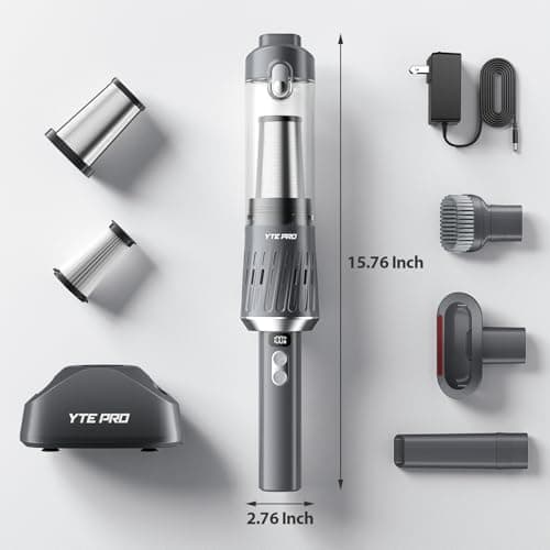 YTE PRO Handheld Vacuum Cordless 25000Pa Car Vacuum 3-in-1 Handheld Vacuum, Includes Smart Display and Charging Base Hand Vac Cordless Rechargeable One-Touch Empty for Home/Pet/Car (Silver) 7