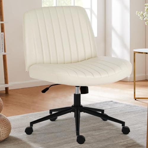 Sweetcrispy Criss Cross Chair Legged, Armless Office Desk Chair with Wheels, PU Leather Swivel Vanity Height Adjustable Wide Seat Computer Task Seating - Leather Beige