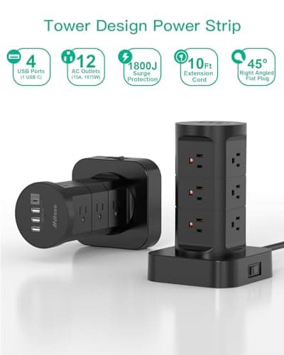 Surge Protector Power Strip Tower - 10FT Heavy Duty Extension Cord, 12 Wide Outlets with 4 USB Ports (1 USB C), Flat Plug, Charging Tower Overload Protection for Home Office Dorm Room 7